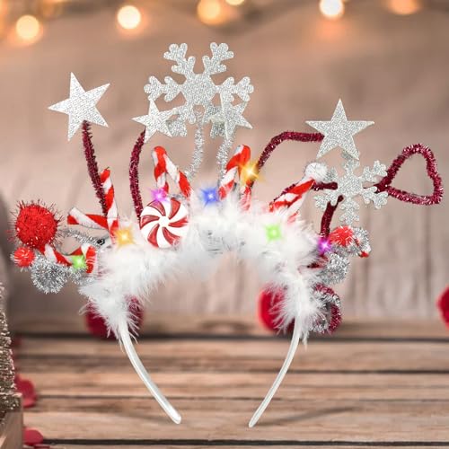 Mecctuck Weihnachts Kopfschmuck, Weihnachten Stirnbänder, Weihnachten Haarreif mit Leuchtende Feder Glitzernde Schneeflocken Stern, Weihnachts Haarschmuck für Mädchen Frauen Weihnachten Party Zubehör von Mecctuck
