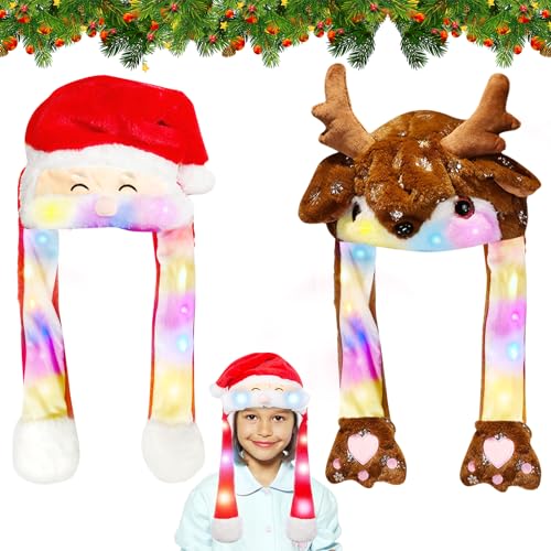 Weihnachtsmütze, Mütze mit Ohren, 2 Stück Nikolausmütze Plüsch, Weihnachtsmann Mützen, Mütze mit LED Lustiger Hut Kappe mit Beweglichen Ohren Santa Hat, Weihnachten Partyhut für Kinder und Erwachsene von Mecctuck