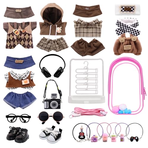 5 Packungen 17 cm Puppenkleidung, Puppen-Outfit und Zubehör-Set mit 6 Mini-Accessoires, Display-Tasche, Kleiderständer, Kopfhörer, Kamera, Sonnenbrille, Schuhe für 17 cm Puppe (Puppe nicht im von MechField