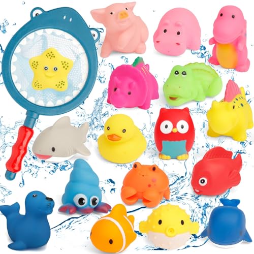 18-teiliges Badespielzeug für Kleinkinder, Badewannen-Sound-Spielzeug, niedliches Badezubehör für die Badewanne, schwimmende Meerestiere für die Babyparty, Squeeze-Lerngeschenk mit Fischernetz von Mechaniker