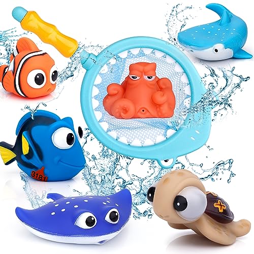 Bad Spielzeug für Kleinkind 7-teiliges, Badewanne, Wasserspritze, niedliches Fischspielzeug, schwimmende Meerestiere, Babyparty, Schwimmbad, Wassersprühspiel, Geschenk mit Fischernetz von Mechaniker