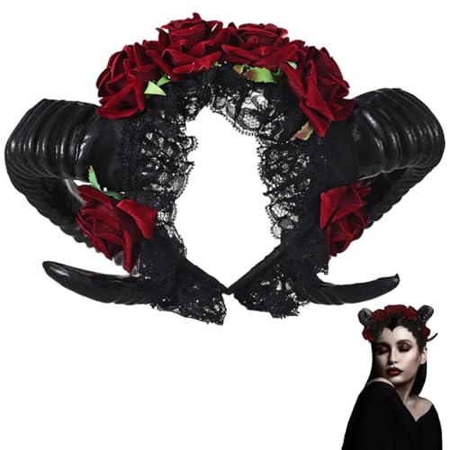 Mednkoku Hörner Stirnband Gothic Goat Hörner Stirnband mit Rosen Dämon Halloween Kostüme für Halloween Cosplay Party Karneval von Mednkoku