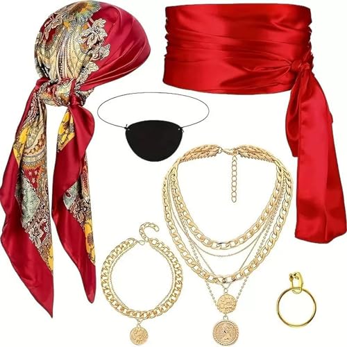 Mednkoku Piratenkostüm Frauen 6pcs/Set Red Halloween Piratenzubehör mit Kopftuch, Gürtel, Halskette, Armband, Augenmaske, Ohrringe für Cosplay -Party von Mednkoku