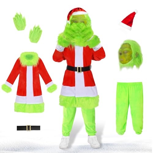 Grinch Kinderkostüm Grünes pelziges großes Monster Kostüm für Kinder 6-teilig,Weihnachtsmütze Maske, Handschuhen, Weihnachtskostüm für Jungen und Mädchen, Cosplay & Weihnachten von Meekio