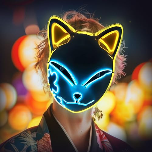 Japanische Fuchs-Tier-LED-Maske, Cosplay, Kitsune, Katzenmaske, Therian-Maske, Dekoration, Dämonen-Requisiten für Männer und Frauen, Halloween-Kostüm, Batterie nicht im Lieferumfang enthalten (gelb) Japanische Fuchs-Tier-LED-Maske, Cosplay, Kitsune, Katzenmaske, Therian-Maske, Dekoration, Dämonen-Requisiten für Männer und Frauen, Halloween-Kostüm, Batterie nicht im Lieferumfang enthalten (gelb) von Meekio