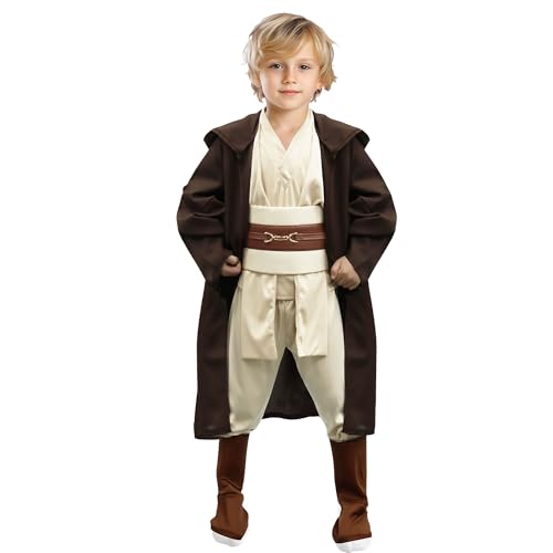 Meekio Kids 4PCS Costume Tunic Uniform,Cloak Robe Pants Belt,Hooded,Halloween Knight Role Play Cosplay Outfit for Boys Girls for Party(braun, große Größe) von Meekio