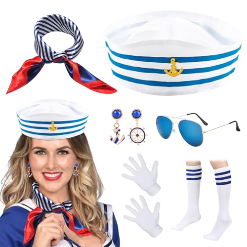 Faschingskostüm Matrosen Kostüm Damen Set,Kostüm Matrosin Kapitänsmütze + Lange Socken Weiße Blau Streifen+Sailor Schal Handschuhe+Ruder Ohrringe und Brille,Party Fashion Zubehör für Karneval- 6 Stk von Meemion