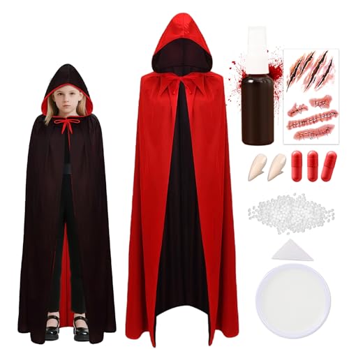 Halloween Vampir Kostüm,Vampir Umhang,120/140 cm Vampirumhang Kinder,Doppelseitig Schwarz Rot Umhang mit Kaputze Vampirzähne Kunstblut Tattoo Aufkleber,Vampirkostüm für Halloween Karneval Cosplay Halloween Vampir Kostüm,Vampir Umhang,120/140 cm Vampirumhang Kinder,Doppelseitig Schwarz Rot Umhang mit Kaputze Vampirzähne Kunstblut Tattoo Aufkleber,Vampirkostüm für Halloween Karneval Cosplay von Meemion