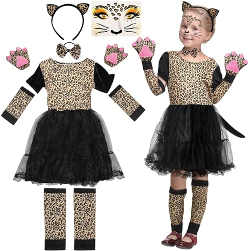 Leopard Kostüm Kinder Mädchen 10 Stück, Leopard Rock Kinder mit Leopardenohren Haarreif, Beinstulpen, Krawatte, Tattoo Aufkleber, Verkleiden Set für Karneval Halloween Motto Party von Meemion