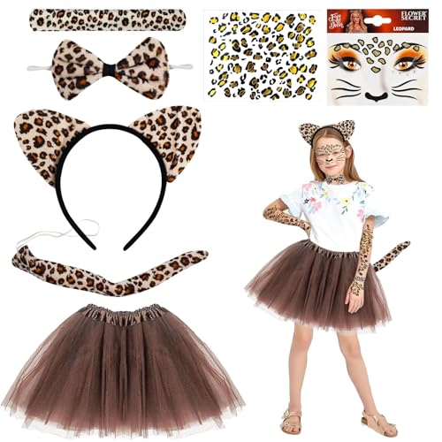 Leopard Kostüm Kinder Mädchen 7 Stück, Tierkostüm Kinder mit Leopardenohren Haarreif, Katzenschwanz, Krawatte, Tattoo Aufkleber, Leopard Verkleiden Set für Karneval Halloween Motto Party Leopard Kostüm Kinder Mädchen 7 Stück, Tierkostüm Kinder mit Leopardenohren Haarreif, Katzenschwanz, Krawatte, Tattoo Aufkleber, Leopard Verkleiden Set für Karneval Halloween Motto Party von Meemion