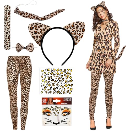 Meemion Leggings Leopard Damen 7 Stück, Leopard Kostüm Frauen mit Leopardenohren Haarreif, Katzenschwanz, Krawatte, Tattoo Aufkleber, Goldene Leggings Damen für Karneval Halloween Motto Party Meemion Leggings Leopard Damen 7 Stück, Leopard Kostüm Frauen mit Leopardenohren Haarreif, Katzenschwanz, Krawatte, Tattoo Aufkleber, Goldene Leggings Damen für Karneval Halloween Motto Party von Meemion