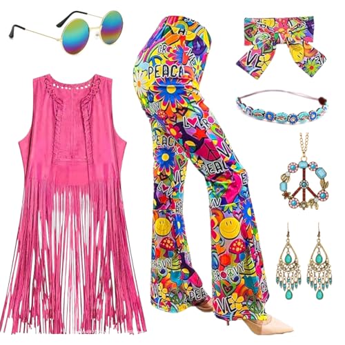 Meenewching 60er 70er Jahre Outfit Damen, Hippie Kostüm Damen Party Outfit mit Fransenweste Schlaghose Hippie Accessoires, Kleidung Bekleidung Outfit Frauen (XXL) von Meenewching