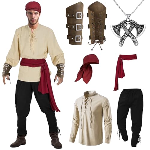 Meenewching Mittelalter Kleidung Herren Set - Piratenkostüm, Wikinger Kostüm Mit Hose, Hemd, Kopftuch, Gürtel, Handgelenkschützer, Halskette (XXXL) von Meenewching