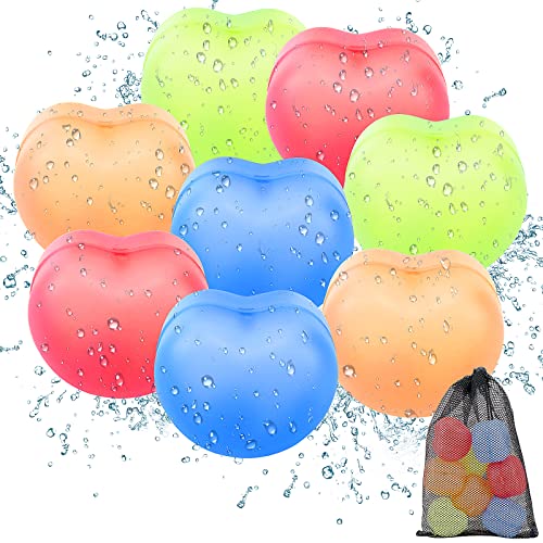 8 Stück Wiederverwendbare Wasserballons, Wiederverwendbare Wasserbomben mit Netzbeutel, Herzform Wasserballons Selbstschließend, Silikon Wasserbomben kinder für Party, 4 Farben von Meetory