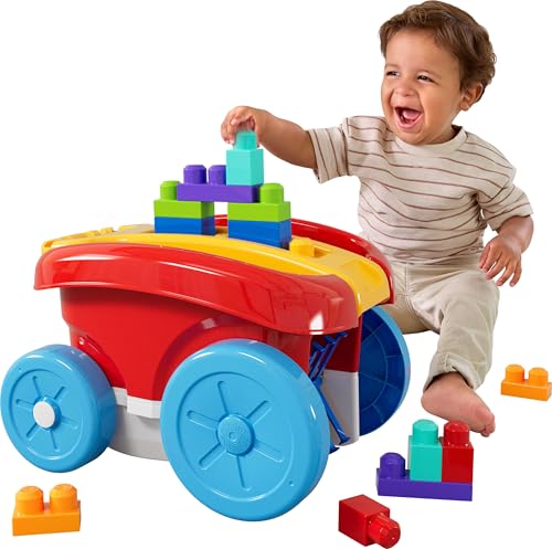 MEGA BLOKS Spielbausteine für Kleinkinder, Baustein-Ziehwagen mit 20 Teilen und integriertem Staufach, zum Einsammeln von Bausteinen, Rot, für Kinder ab 1 Jahr, JFR30 von Mega Bloks