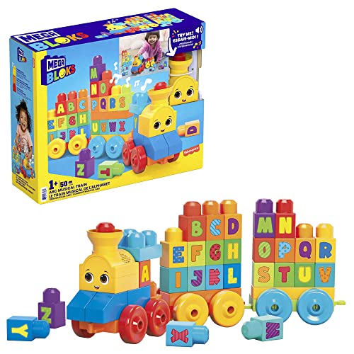 MEGA BLOKS ABC Musikzug - mit Musik und Geräuschen zum Lernen des Alphabets, 50-teiliges Spielset mit beweglichen Rädern und Bausteinen, Buchstaben A bis Z aufgedruckt, für Kinder ab 1 Jahr, FWK22 von Mega Bloks