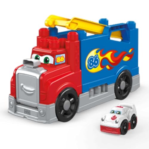 MEGA Bloks FVJ01 - Fast Tracks Rennwagen-Transporter, mit Geräuschen, 15 Teile, Mehrfarben, Spielzeug ab 1 Jahr von MEGA