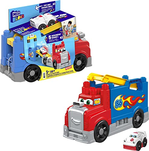 MEGA Bloks FVJ01 - Fast Tracks Rennwagen-Transporter, mit Geräuschen, 15 Teile, Mehrfarben, Spielzeug ab 1 Jahr von MEGA