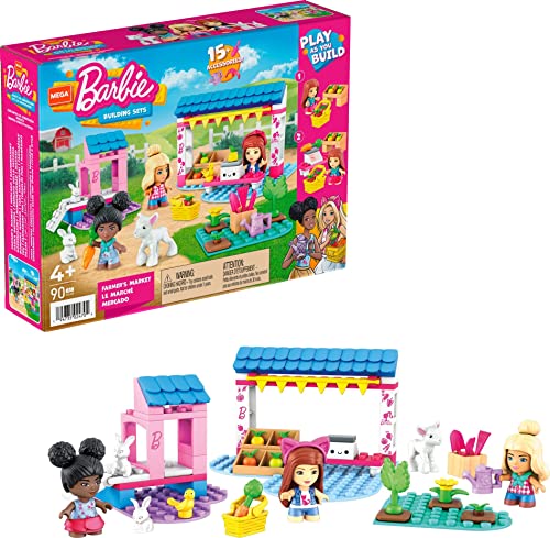MEGA HDJ85 - Barbie Bauernmarkt Baukasten, 90 Bausteine, Teile mit Mode-& Rollenspielzubehör, 3 Mikropuppen, 2 Hasen, 1 Vogel & 1 Lamm, Konstruktionsspielzeug, Bauspielzeug für Kinder ab 5 Jahren von Mega Brands