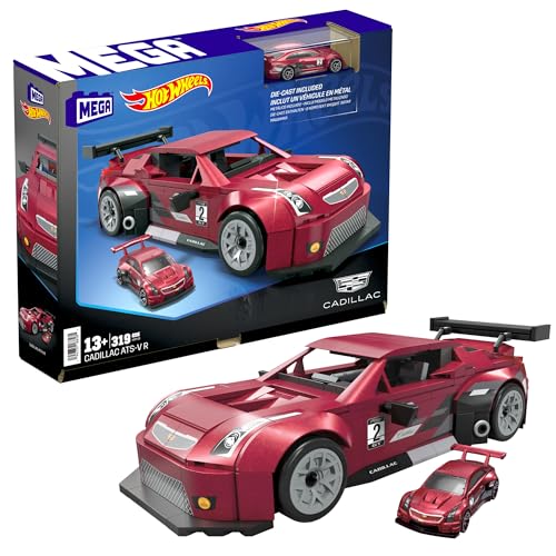 MEGA Hot Wheels Zusammenbaubares Autospielzeug zum Sammeln, Cadillac ATS-V R mit 319 Teilen und Die-Cast-Modell, Set für Sammler zum Zusammenbauen und Präsentieren, rot, HRY18 von Mega Brands