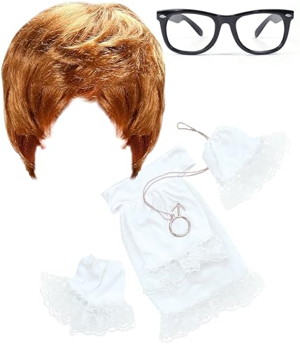Austin Powers Groovy Baby 50er 60er Jahre Junggesellenabschied Kostüm Fun Set | Perücke, Nerdbrille, Rüschenkragen, Anhänger und 2 Rüschenmanschetten von Mega_Jumble