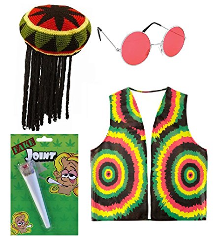 Mega_Jumble® Unisex Reggae Rasta Jamaican Hat w/ Wig, Fake Spliff, Glasses & Vest - Caribbean RASTA RAGGAE JAMAICAN BOB MARLEY Adult Fancy Dress von Mega_Jumble