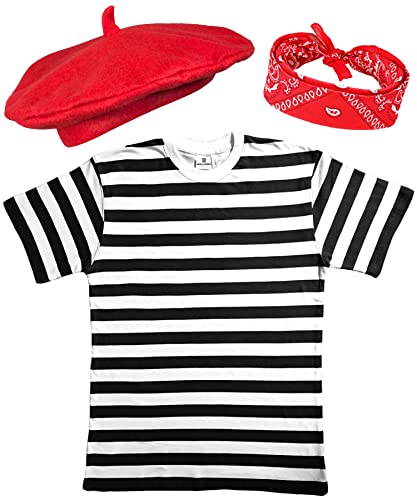 Mega_JumbleSale® Kinder-Kostüm-Set für französische Männer, gestreiftes T-Shirt, roter Baskenmütze, roter Halstuch, Franzosen-Bastille-Day-Kostüm-Outfit, Schwarz / Rot / Weiß, 7-8 Jahre von Mega_JumbleSale