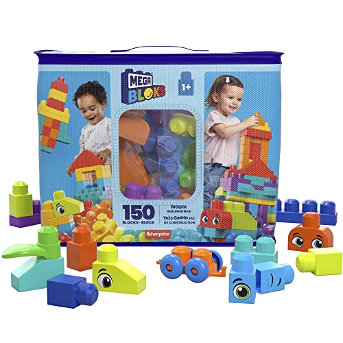 MEGA HHM96 BLOKS Bausteinebeutel Deluxe, 150 große und farbenfrohe Bausteine mit Einer Aufbewahrungstasche, Konstruktionsspielzeug, Spielzeug-Geschenkset für Kinder ab 1 Jahr von MEGA