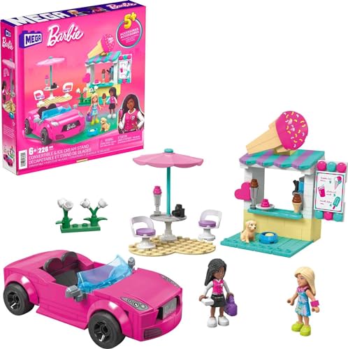 Mega Barbie Autobauspielzeug Spielset, Cabrio & Eisständer mit 225 Teilen, 2 Mikropuppen und Zubehör, Pink, Geschenkideen für Kinder, HPN78 von Barbie