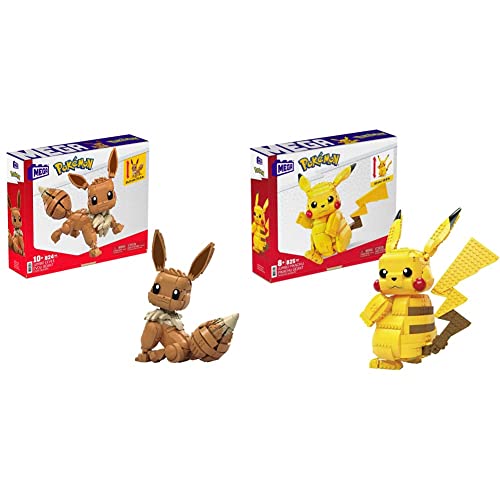 MEGA Construx FVK81 - Pokemon Jumbo Pikachu 30 cm Bauset mit 825 Bausteinen, Spielzeug ab 8 Jahren & Construx GMD34 - Pokémon Jumbo Evoli (30cm), Bauset mit beweglicher Figur, Spielzeug ab 10 Jahren von Mega