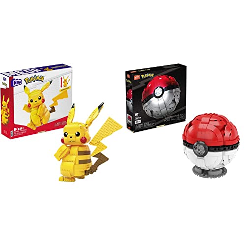 MEGA Construx FVK81 - Pokemon Jumbo Pikachu 30 cm Bauset mit 825 Bausteinen, Spielzeug ab 8 Jahren & Construx HBF53 - Pokémon Jumbo Poké Ball Bauset, Bauspielzeug für Kinder, ab 8 Jahren von Mega