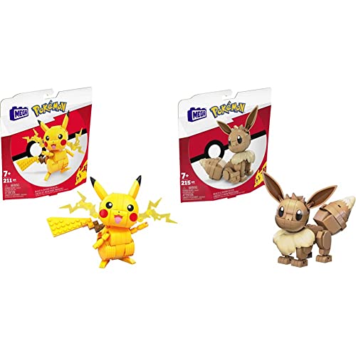 Mega Construx GMD31 - Pokémon Medium Pikachu (10cm), Bauset mit beweglicher Figur, Spielzeug ab 7 Jahren & HDL84 Construx Evoli Pokémon Baukasten, Konstruktionsspielzeug für Kinder von Mega