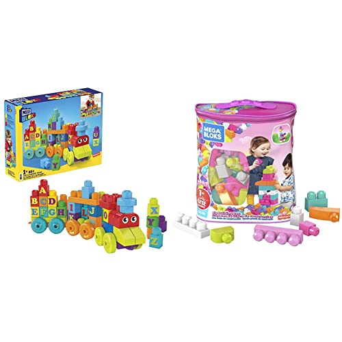 Mega DXH35 Bloks Mattel DXH35-ABC Lernzug & Bloks DCH54 - Bausteinebeutel Medium mit 60 Bausteine, pinkfarben von Mega Brands