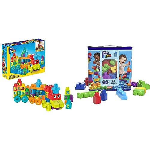 Mega DXH35 Bloks Mattel DXH35-ABC Lernzug & Bloks DCH55 - Bausteinebeutel Medium mit 60 Bausteine, grundfarben von Mega Brands