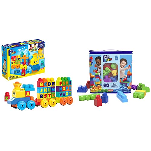 Mega FWK22 - ABC Musikzug mit Geräuschen und Musik, 50 Teile, Multicolour, Spielzeug ab 1 Jahr & Bloks DCH55 - Bausteinebeutel - Medium 60 Teile, bunt, Spielzeug ab 1 Jahr von Mega Brands