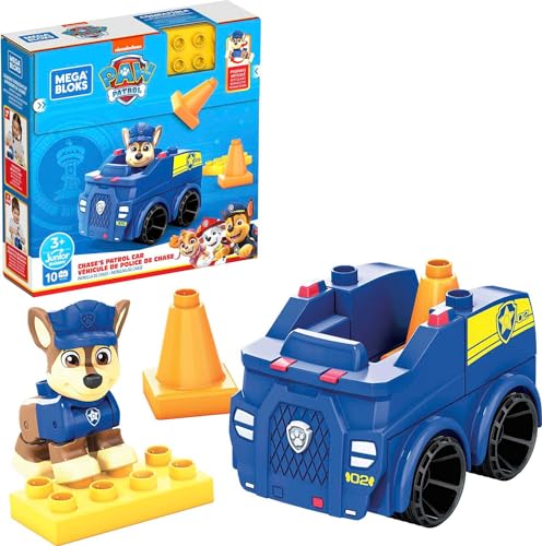 Mega HDJ33 Bloks PAW Patrol Polizeiauto-Bausatz, 10 Bauklötze und Sonderteile mit 1 Chase-Figur, Pylonen-Kegel und rollendem Radstand, Spielzeug-Geschenkset für 3-5 Jahre von Mega