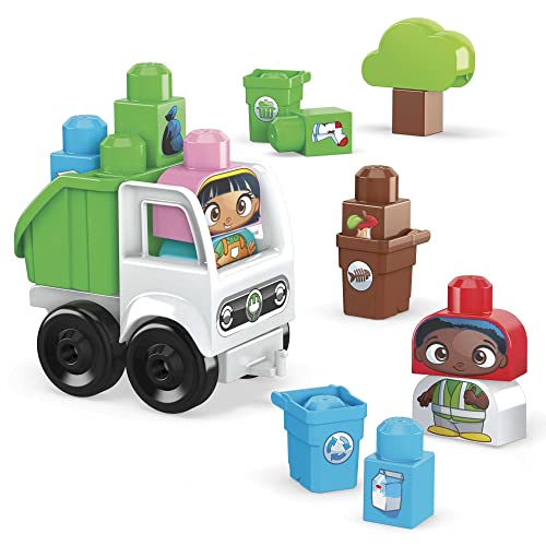 MEGA HDL06 Bloks Grüne Stadt Set, 19 große Bausteine, Spezialteile, 2 baubare Figuren, 1 rollender Recycling-Truck, Sortieren von Kompost, Recycling und Müll, Spielzeug-Geschenkset ab 1 Jahr von MEGA