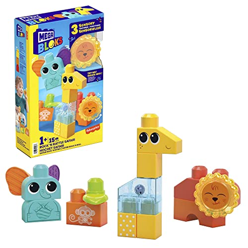 MEGA HKN42 - MEGA Bloks Safari Spiel-Set, 15 sensorische Bausteine (Löwe, Giraffe und Elefant), Bauklotz Spielzeug, Konstruktionsspielzeug für Kinder ab 1 Jahr von Mega Brands