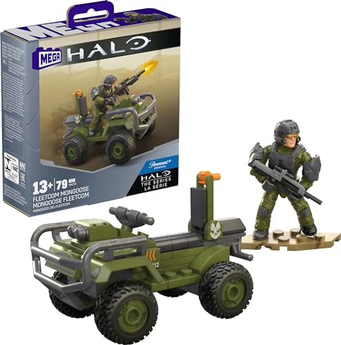 MEGA Halo Bauspielzeug Set, FLEETCOM Mongoose ATV Fahrzeug mit 79 Teilen, 2 beweglichen Mikro-Actionfiguren und Zubehör, HNC55 von Mega