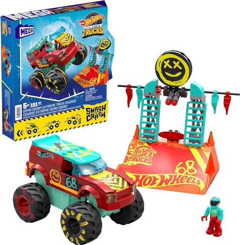 Mega Hot Wheels Monster Trucks Bauspielzeug, Demo Derby Extreme Stunt-Set mit 151 Teilen und 1 Mikro-Actionfigur, rot, Geschenkideen für Kinder, HNG53 von Mega
