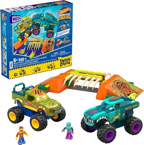 Mega Hot Wheels Monster Trucks Bauspielzeug, Smash & Crash Wrex Boneyard Stuntparcours mit 332 Teilen, 2 Figuren und 2 Rampen, Kinder ab 5 Jahren, HKF89 von Mega