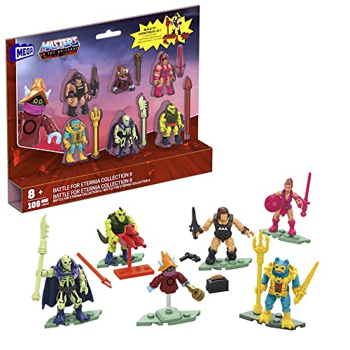 MEGA Masters of The Universe - Kampf um Eternia Collection II, 6 detailgetreue Mikro-Aktionfiguren mit Laser und Zubehör, kompatibel mit Allen Bausteinsätzen, Motu, Spielzeug ab 8 Jahre, HHD15 von MEGA