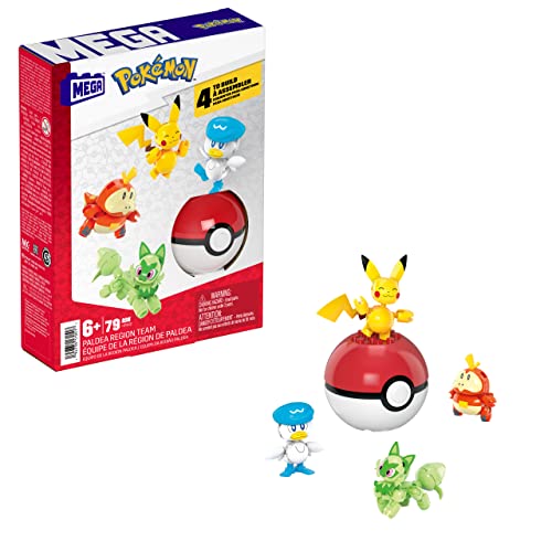 MEGA POKÉMON Paldea-Region - Pikachu und die ersten Partner-Pokémon Felori, Krokel und Kwaks, Zusammenbaubares und bewegliches Set mit 4 Figuren und 1 Pokéball zum Ausstellen, HPX92 von MEGA