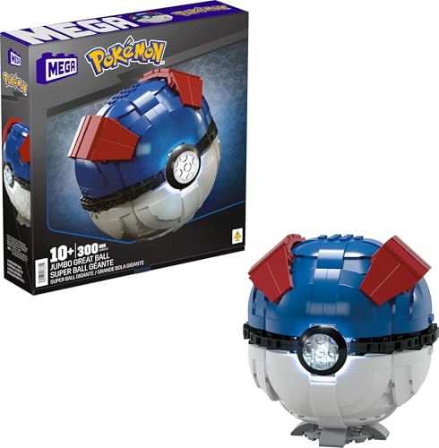 Mega POKÉMON - Zusammenbaubarer Superball mit Lichtern und Aufstellvorrichtung, 299-teiliges Bauset mit authentischen Details, 12,7 cm groß, für Sammler, HMW04 von Mega