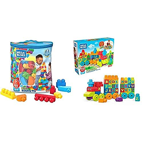 Mega Exklusives Kombi-Angebot Bloks DCH63 Bausteinebeutel Groß, 80 Teile, grundfarben DXH35 Bloks Mattel DXH35-ABC Lernzug von Mega