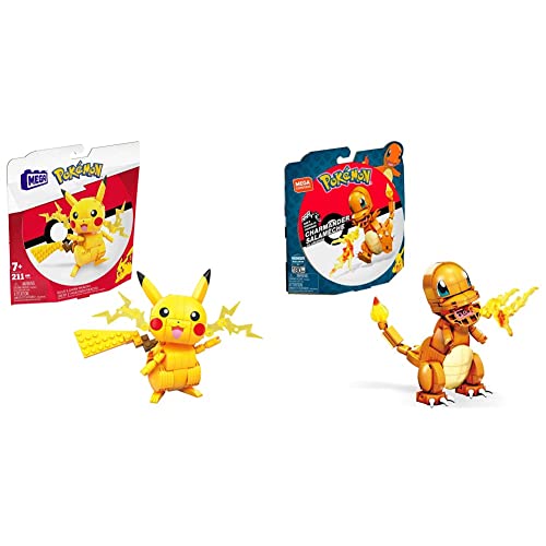 Mega Construx GMD31 - Pokémon Medium Pikachu (10cm), Bauset mit beweglicher Figur & POKÉMON - detailgetreue und feuerspeiende Glumanda-Figur zum Zusammenbauen von Mega