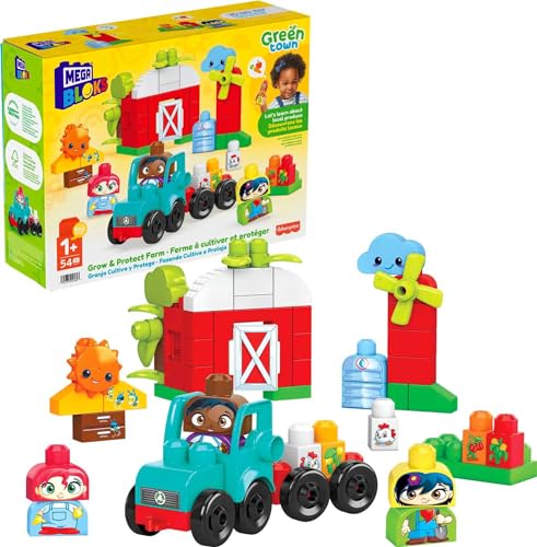 MEGA HDL07 - Mega Bloks Grüne Stadt Wachsen & Schützen Bauernhof-Bausatz, 54 große Bausteine, 3 baubare Figuren, rollender Traktor, Scheune, Feldfrüchten, Bienenstock, Spielzeug-Geschenkset ab 1 Jahr von Mega Brands