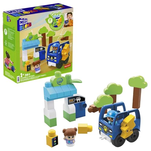 MEGA HDX90 - Bloks Grüne Stadt - Laden & Los Bus-Baukasten, 36 große Bausteine und Spezialteile mit 2 baubaren Figuren, 1 rollender Bus und 3 Bäumen, Spielzeug-Geschenkset für Kinder ab 1 Jahr von Mega Bloks