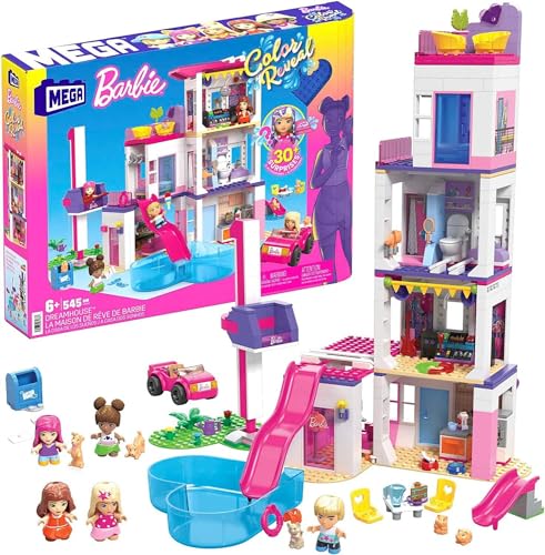 Mega HHM01 - Barbie Color Reveal Traumvilla Spielset, Baukasten mit über 25 Überraschungen, 5 Mikro-Puppen, 6 Tieren und Farbwechsel-Effekt, Spielzeug für Kinder ab 5 Jahren von Mega