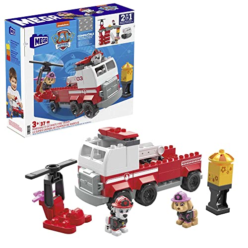 MEGA HHN05 - Bloks Bauset PAW Patrol ultimatives Feuerwehrauto mit Marshall- und Skye-Figuren sowie 33 großen Bausteinen und Teilen, Spielzeug-Geschenkset für Kinder ab 3 Jahren von MEGA